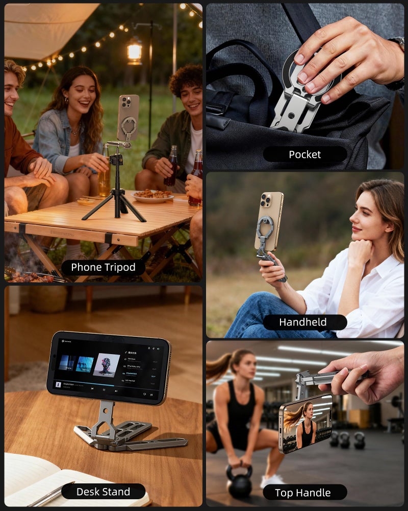 CAMOLO GEEK Magnetic Aluminum Phone Tripod Holder Mount Stand Handle with 1/4" Srcew & Cold Shoe & Arca-Swiss,Mini Pocket Foldable Cell Phone Stand,Compatible with MagSafe for iPhone, Fits Gym,Vlog,Travel,Desk - Image 5