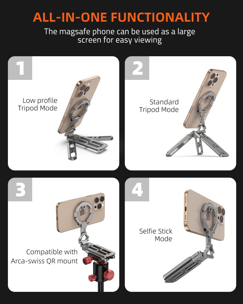 CAMOLO GEEK Magnetic Aluminum Phone Tripod Holder Mount Stand Handle with 1/4" Srcew & Cold Shoe & Arca-Swiss,Mini Pocket Foldable Cell Phone Stand,Compatible with MagSafe for iPhone, Fits Gym,Vlog,Travel,Desk - Image 4