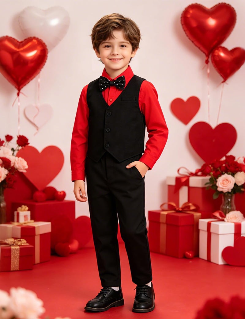 A&J DESIGN Christmas Outfit Toddler Boy Suit Valentine Wedding Formal Photoshoot Gentleman Tuxedo Black and Red 2-3T - Image 3