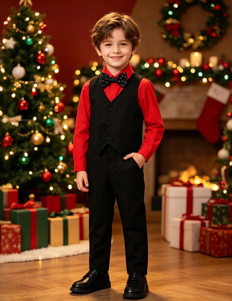 A&J DESIGN Christmas Outfit Toddler Boy Suit Valentine Wedding Formal Photoshoot Gentleman Tuxedo Black and Red 2-3T - Image 4