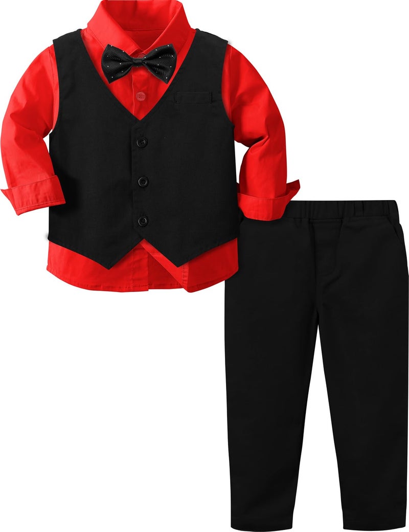 A&J DESIGN Christmas Outfit Toddler Boy Suit Valentine Wedding Formal Photoshoot Gentleman Tuxedo Black and Red 2-3T - Image 1