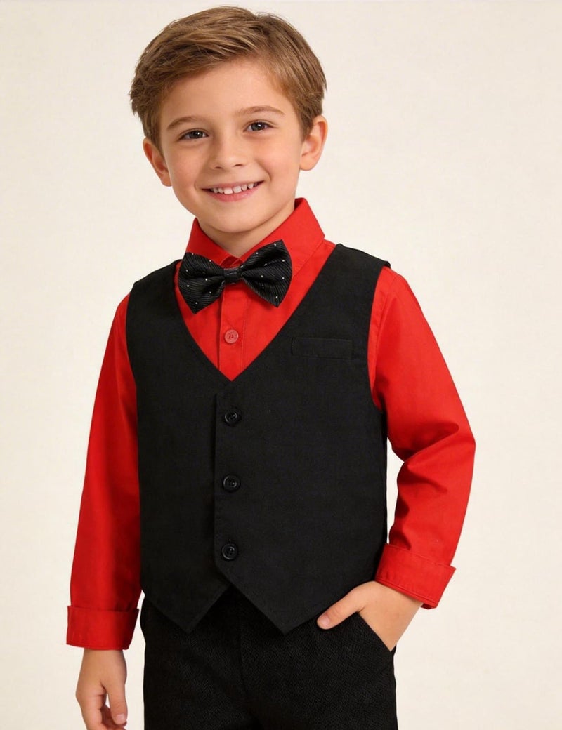 A&J DESIGN Christmas Outfit Toddler Boy Suit Valentine Wedding Formal Photoshoot Gentleman Tuxedo Black and Red 2-3T - Image 2