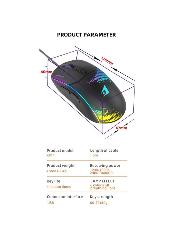 JERTECH - SHOOTER XP14 RGB Gaming Mouse - Optical Sensor 3600 DPI - 1000 Hz Polling Rate - Braided Cable - Image 1
