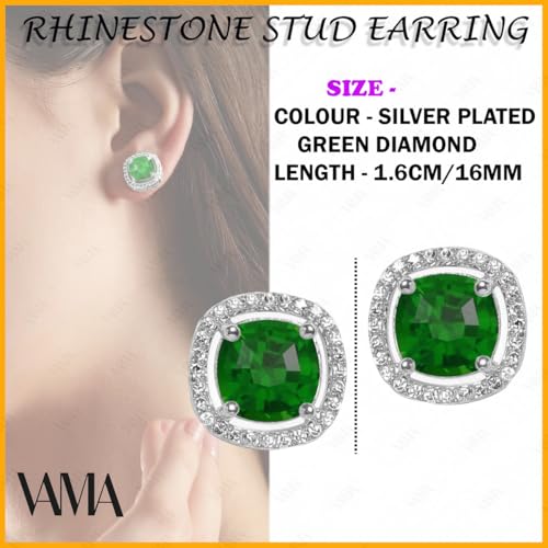 VAMA FASHIONS Trendy Silver Plated Cubic Zirconia AD Stone Square Stud Earrings Western Piercing Ear Studs For Women & Girls (Emerald Green Stud) - Image 3