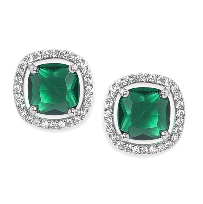 VAMA FASHIONS Trendy Silver Plated Cubic Zirconia AD Stone Square Stud Earrings Western Piercing Ear Studs For Women & Girls (Emerald Green Stud) - Image 1