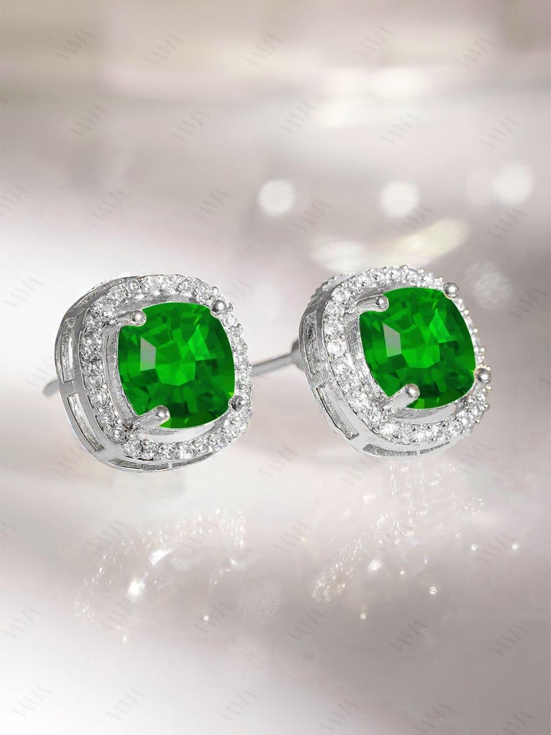 VAMA FASHIONS Trendy Silver Plated Cubic Zirconia AD Stone Square Stud Earrings Western Piercing Ear Studs For Women & Girls (Emerald Green Stud) - Image 4