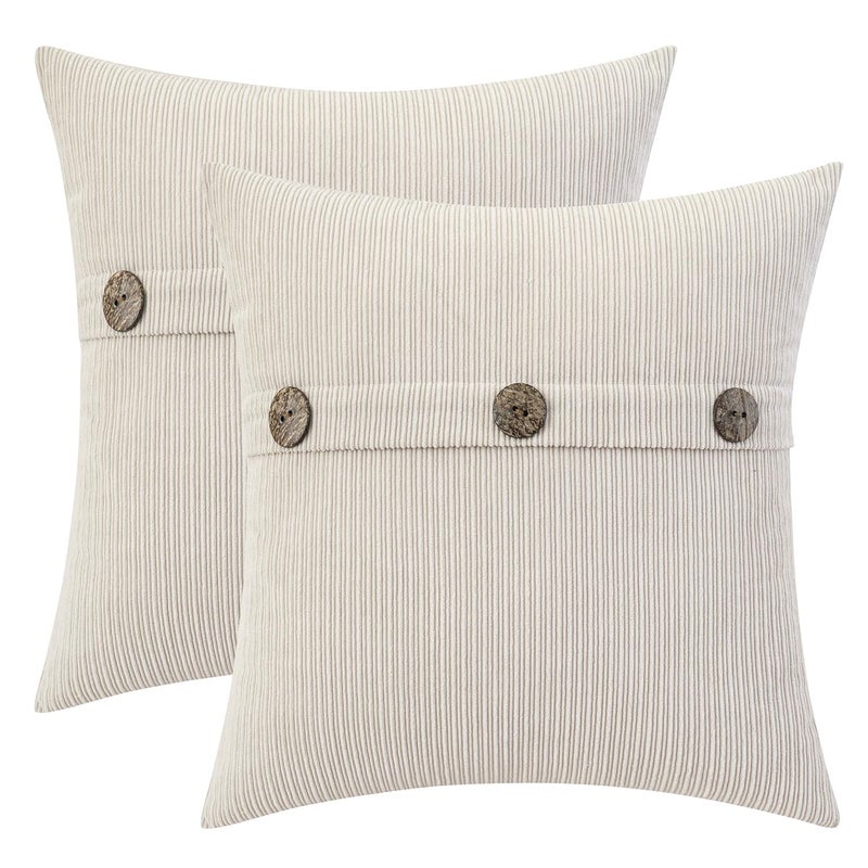 HWY 50 Beige Chenille Throw Pillow Covers 18x18 Inch with Triple Buttons Soft Farmhouse Accent Decorative Cushion Cases for Couch Sofa Bed Living Room Bedroom Pack of 2