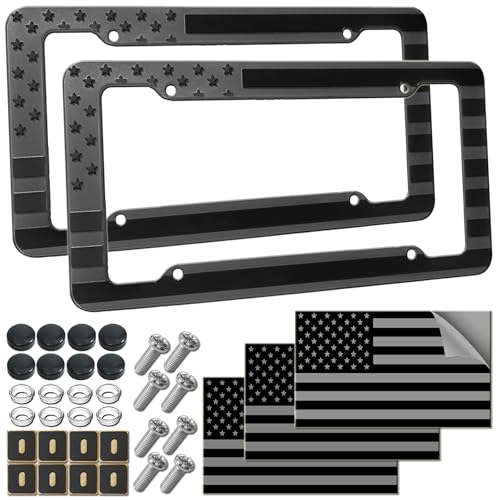 FBJTDQ American Flag License Plate Frame Black Plastic Patriotic USA Car Tag Frame 2 Pack Raised 3D Stars Stripes Holder with Screws Caps Decals - Image 1