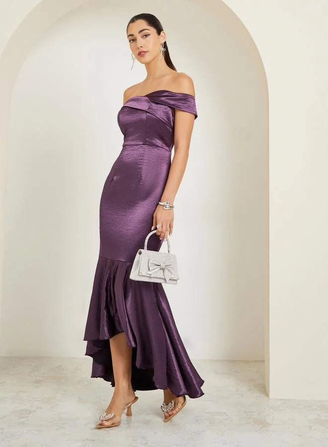 Styli Purple Off Shoulder asymmetric Hem Satin Maxi Dress