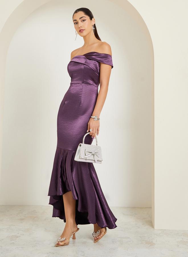 Styli Purple Off Shoulder asymmetric Hem Satin Maxi Dress - Image 1