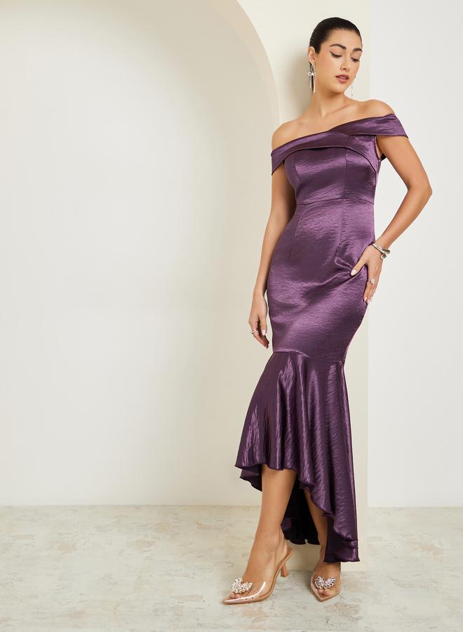 Styli Purple Off Shoulder asymmetric Hem Satin Maxi Dress - Image 3