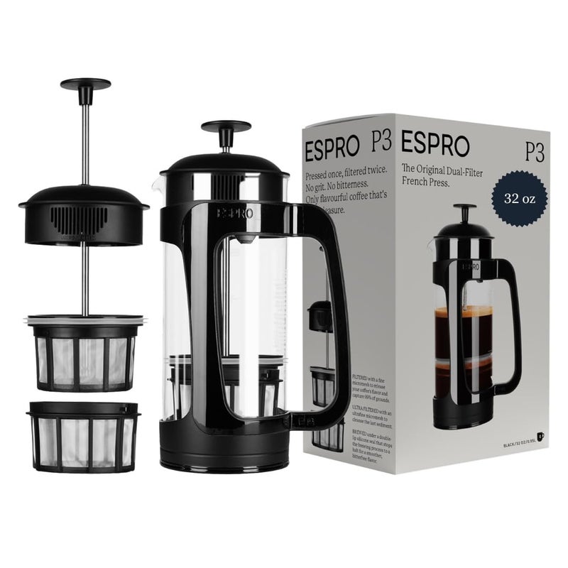 ESPRO - P3 French Press - Double Micro-Filtered Coffee and Tea Maker, Grit-Free and Bitterness-Free Brews, Ideal for Loose Tea and Coffee Grounds - (Black, 32 Oz) - Image 1