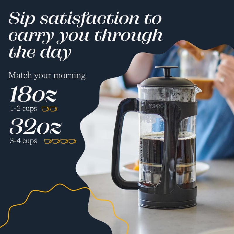 ESPRO - P3 French Press - Double Micro-Filtered Coffee and Tea Maker, Grit-Free and Bitterness-Free Brews, Ideal for Loose Tea and Coffee Grounds - (Black, 32 Oz) - Image 3