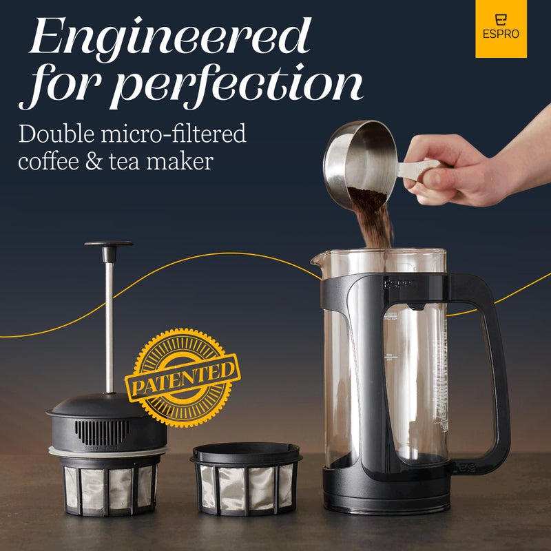 ESPRO - P3 French Press - Double Micro-Filtered Coffee and Tea Maker, Grit-Free and Bitterness-Free Brews, Ideal for Loose Tea and Coffee Grounds - (Black, 32 Oz) - Image 4