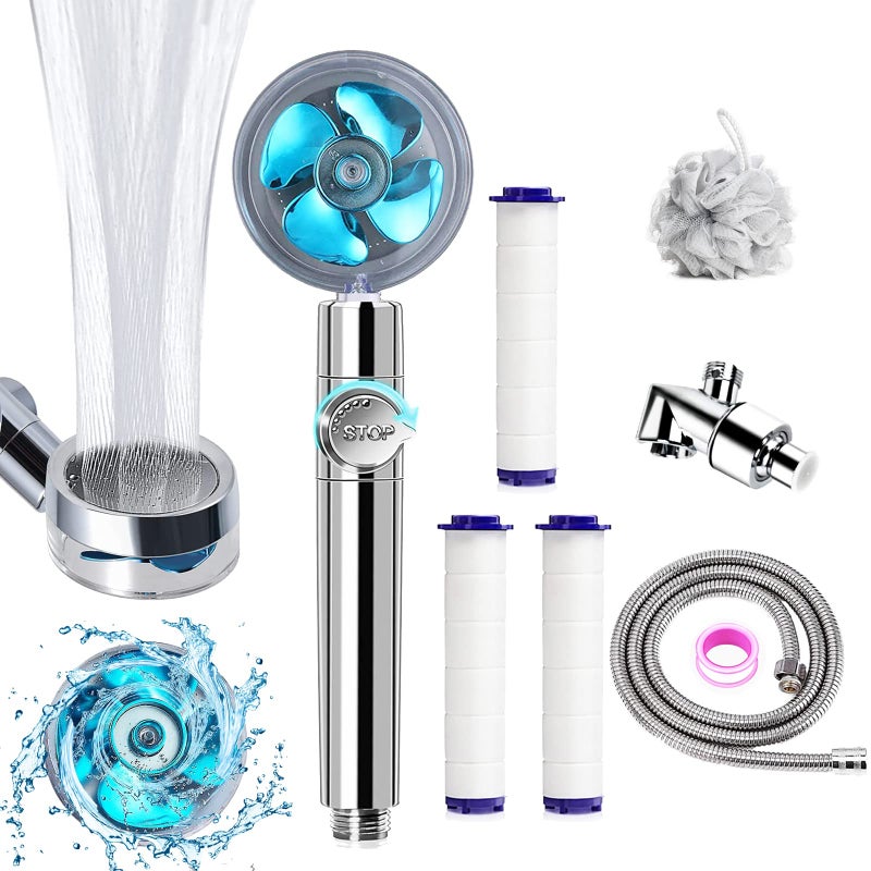 High Pressure Shower Heads Handheld Turbo Fan Shower Hydro Jet Shower Head Kit with Replacement HoseBracketCotton Filters and Bath Loofah One Key Pause Switch 360 Degrees Rotating