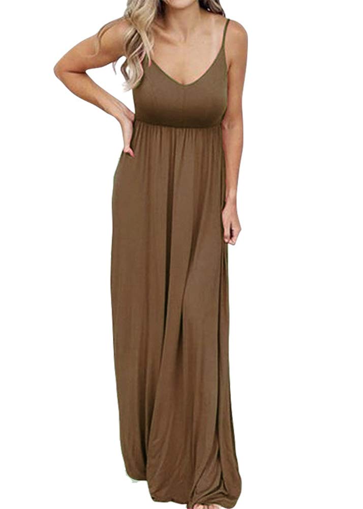 PRIMODA Women's Summer Casual Sleeveless V Neck Adjustable Spaghetti Strap Maxi Long Dress(Mocha,S) - Image 1
