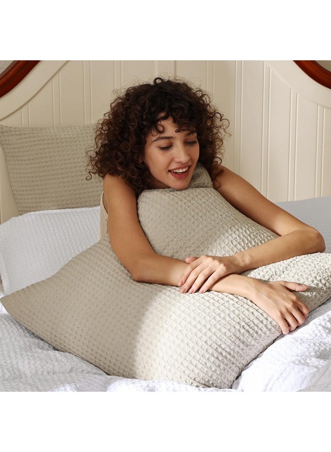 PHF Ultra Soft Waffle Weave Euro Shams Pillow Covers, No Filling, 2 Pack 26" x 26" Bed Cushion Covers, Breathable & Skin-Friendly Bed Pillow Shams for Stylish Home Decor, Light Khaki/Linen - Image 2