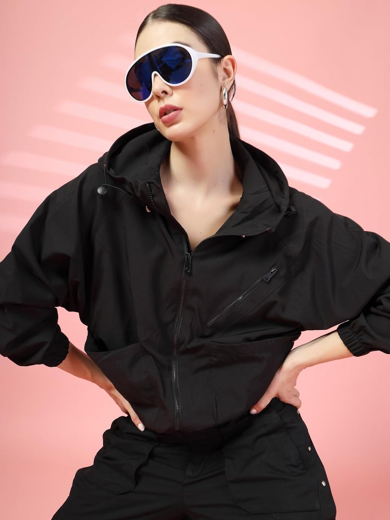 CHKOKKO Womens Stylish Oversized Windcheater Jacket with Zip Closure Lightweight Sportswear for Running Travel Hiking Outdoor and Rainy Season Wear Black XXL - Image 5
