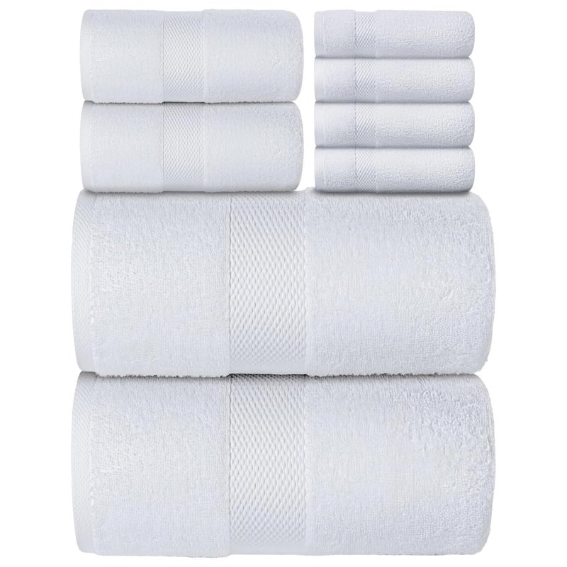 White Classic Luxury White Bath Towel Set of 8 Pieces - 100% Combed Cotton Hotel Quality Highly Absorbent Towels for Bathroom, 2 Luxury Bath Towels 700GSM, 2 Hand Towels, 4 Washcloths, [Worth $72.95], 8 Pcs, White - Image 1
