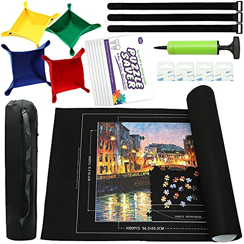 FELIZROCA Portable Puzzle Mat Roll Up  with 9 Glue Sheets Sorting Trays Hand Pump Inflatable Tube and Storage Bag  Perfect for Kids and Adults Black 1500pcs - Image 1