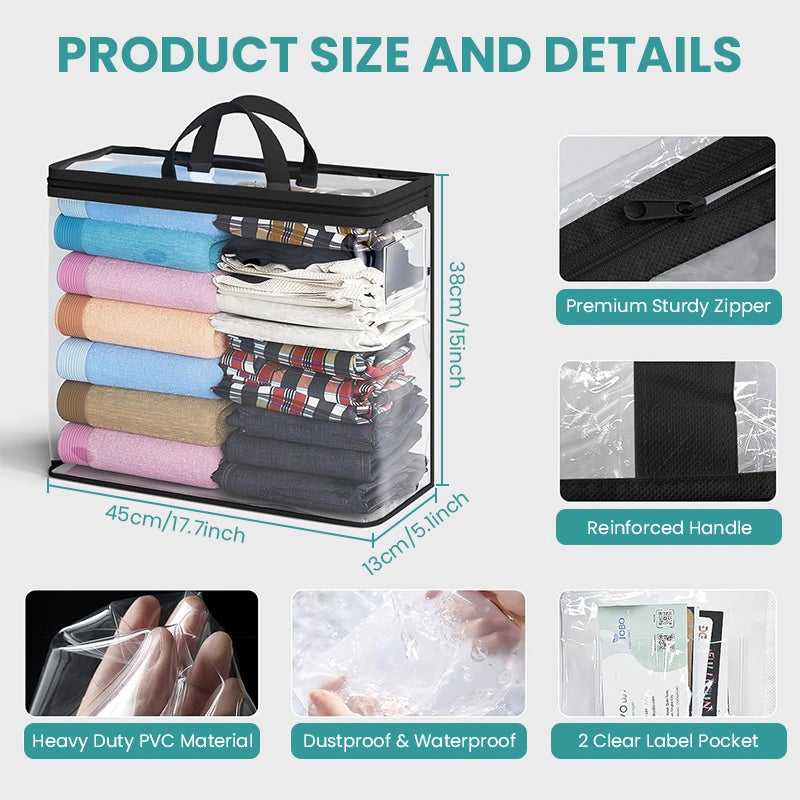 HANNEA® 5Pcs Large Storage Bags, Large Capacity Clear PVC Zippered Dustproof Garment Bags Clothes Storage Bag Organizers Closet Organizers Storage with Handle, Foldable Waterproof, 45x38x13cm - Image 2