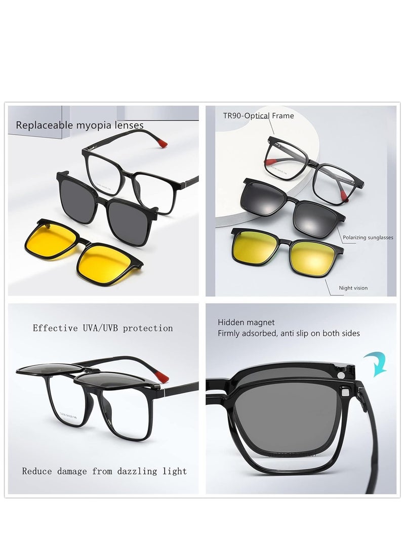 Magnetic Clip on Polarized Sunglasses for Men and Women Retro Square Eyewear with UV Protection for Night Driving Set of Three - Image 3