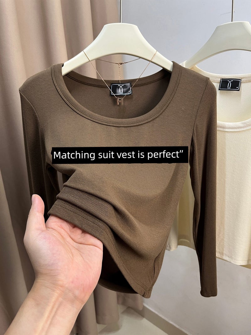 Flower gray long-sleeved large U-neck base shirt, girls' low-neck top, basic versatile solid color thread simple inner wear t-shirt - Image 1