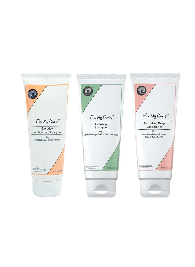 Fix My Curls Everyday Moisturizing Shampoo And Cleansing Shampoo With Hydrating Deep Conditioner Wash Day Pack 3.52 Oz Each 