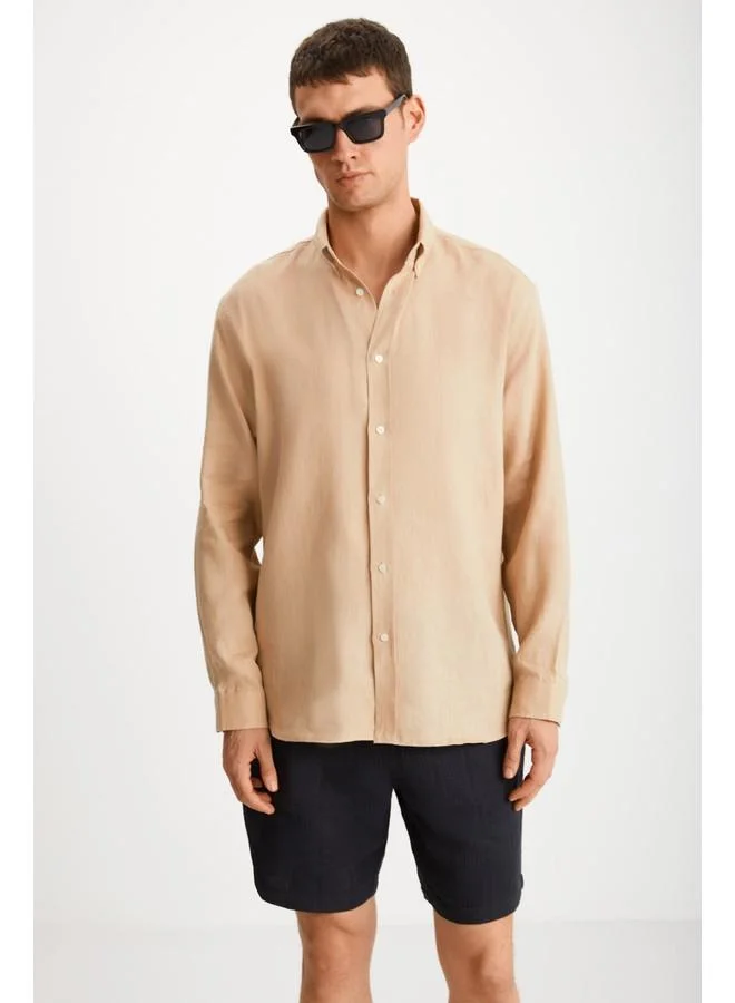 GRIMELANGE Grimelange Hendra Men's Linen Regular Mink Shirt