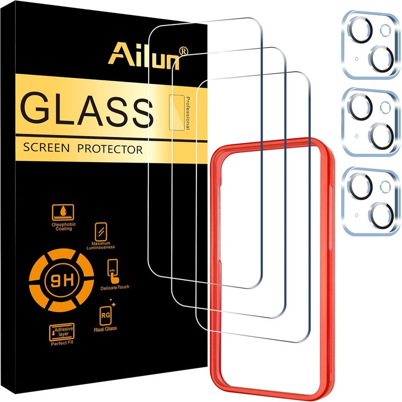 Ailun 3 Pack Screen Protector for iPhone 15 [6.1 inch] + 3 Pack Camera Lens Protector with Installation Frame,Case Friendly Tempered Glass Film,[9H Hardness] - HD - Image 1