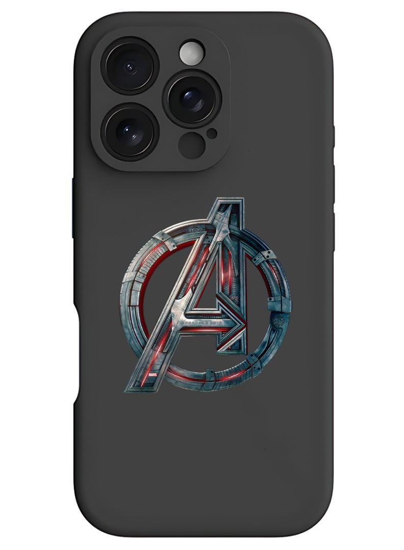 Theodor حافظة آيفون 16 برو ماكس سوداء واقية رفيعة من السليكون السائل مع حماية كاملة للجسم ضد الخدوش وصدمات للحماية لآيفون - شعار المنتقمون - Image 1