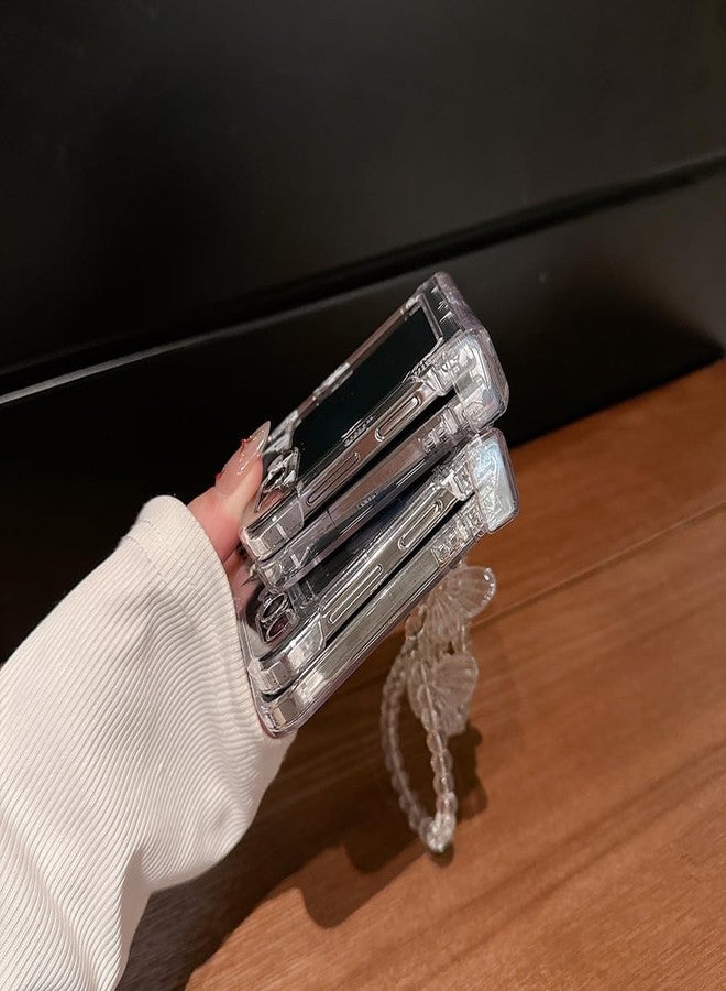أوميو جراب Omio لهاتف Galaxy Z Flip 6 مع سوار وحزام بتصميم فراشة لطيفة، مناسب للفتيات والسيدات، مزود بسلسلة يد وحبل تعليق، تصميم نحيف بمفصلات لحماية الهاتف، غطاء شفاف مقاوم للصدمات مصنوع من البولي كربونات الصلب، لون أبيض. - Image 5
