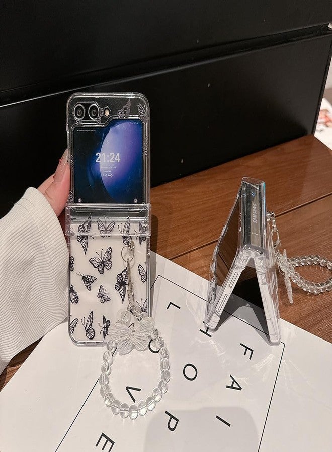 أوميو جراب Omio لهاتف Galaxy Z Flip 6 مع سوار وحزام بتصميم فراشة لطيفة، مناسب للفتيات والسيدات، مزود بسلسلة يد وحبل تعليق، تصميم نحيف بمفصلات لحماية الهاتف، غطاء شفاف مقاوم للصدمات مصنوع من البولي كربونات الصلب، لون أبيض. - Image 3