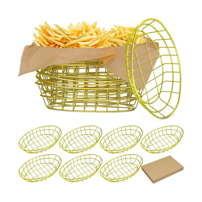 8 Pcs Wire Bread Basket Oval Metal Dinner Roll Baskets for Serving  with Deli Wrappers Paper for Kitchen Table Fast Food - Image 1