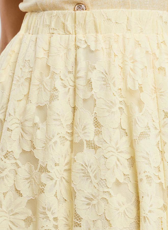Styli Women Yellow Lace Flared Midi Skirt - Image 3
