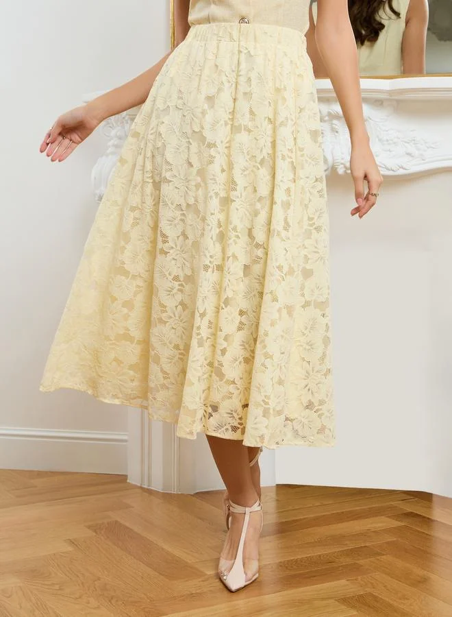 Styli Women Yellow Lace Flared Midi Skirt