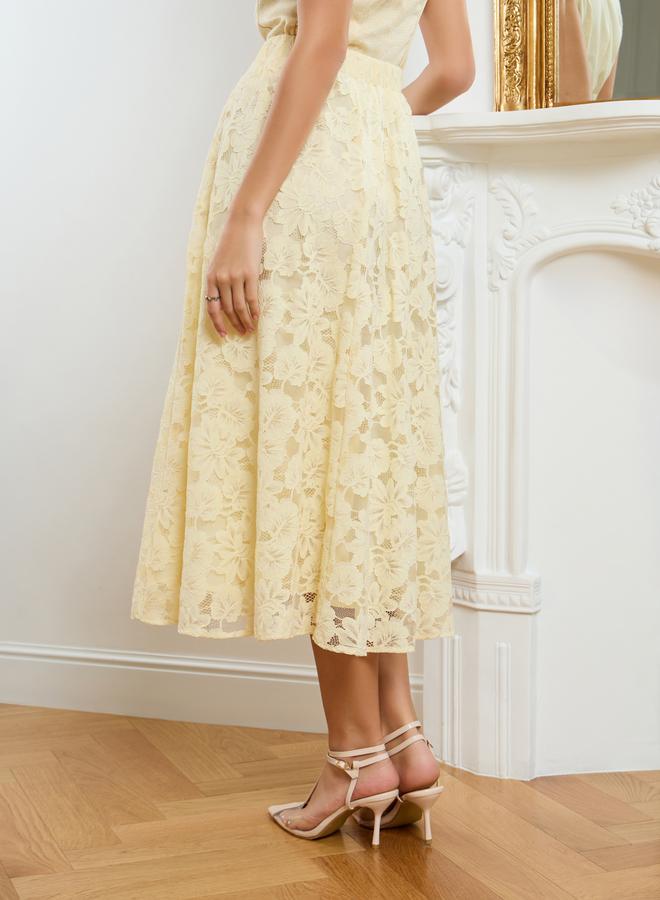 Styli Women Yellow Lace Flared Midi Skirt - Image 4