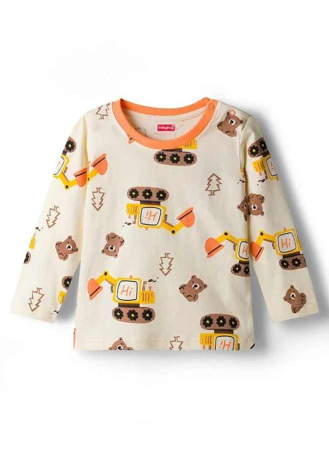 Babyhug Babyhug Cotton Knit Full Sleeves T-Shirt & Pyjama Night Suit With Excavator Print - Off White