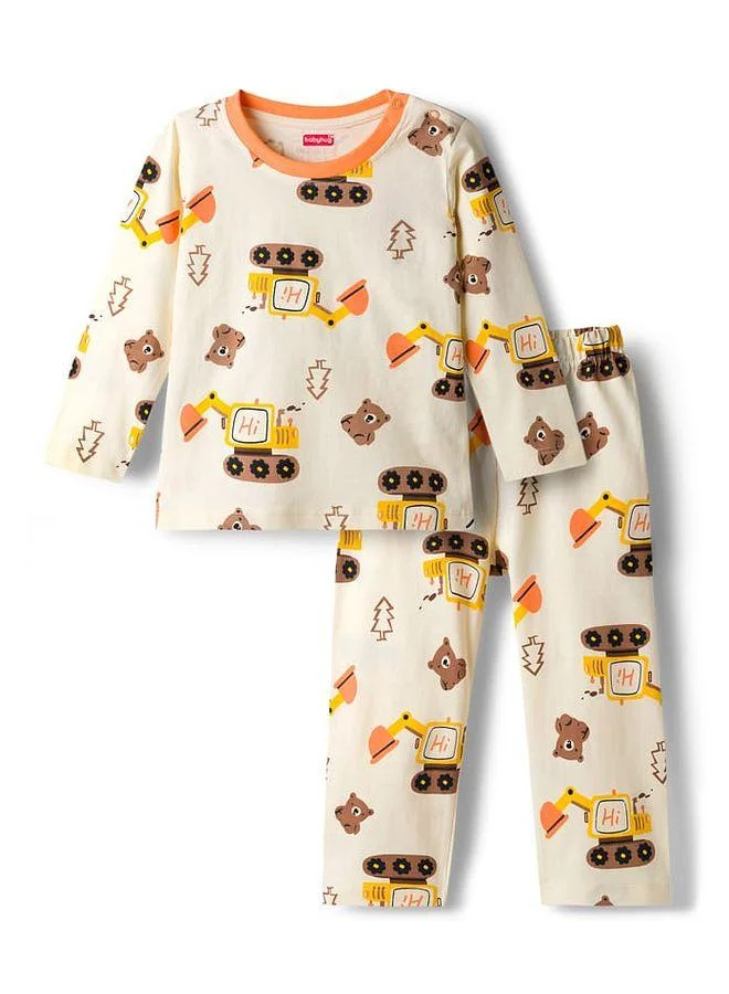 Babyhug Babyhug Cotton Knit Full Sleeves T-Shirt & Pyjama Night Suit With Excavator Print - Off White