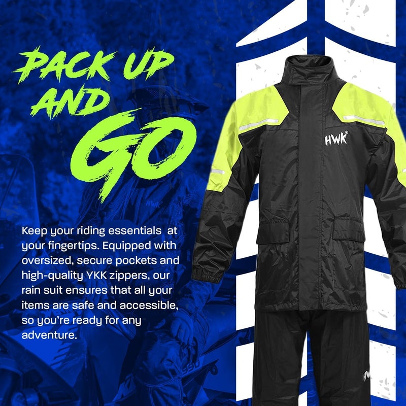 HWK Motorcycle Rain Suit for Men and Women - Waterproof Two-Piece Gear with Reflective Jacket and Pants, Hi-Vis Green, 2X-Large - Image 5
