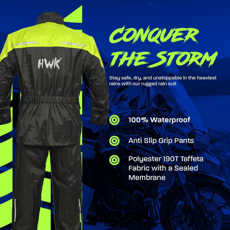HWK Motorcycle Rain Suit for Men and Women - Waterproof Two-Piece Gear with Reflective Jacket and Pants, Hi-Vis Green, 2X-Large - Image 2