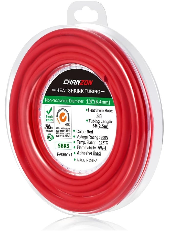 CHANZON Chanzon 3:1 Ratio 1/4" (6.4mm) Heat Shrink Tubing - Marine Grade Waterproof Adhesive Lined - 8Ft Roll (2.5M Total Length) Red Polyolefin Sleeving Wrap Shrinking 3 to 1 Ratio 1pcs  - Image 1