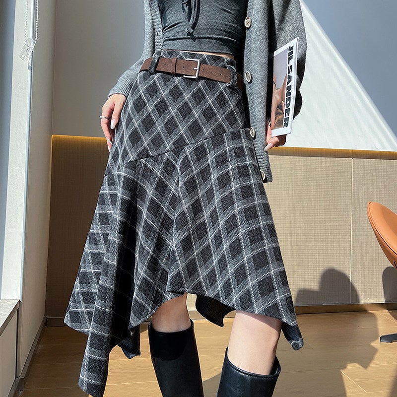 Irregular woolen plaid skirt for women's autumn and winter new retro high-waisted slimming and draping mid-length A-line umbrella skirt - Image 1
