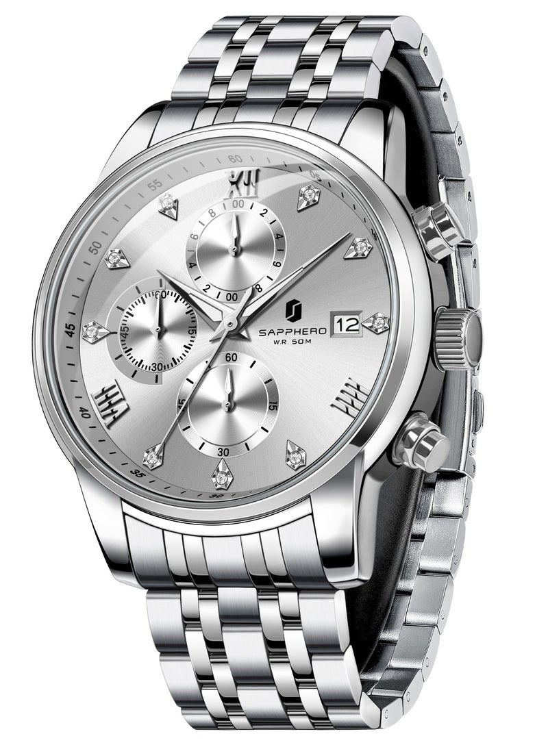 Sapphero ساعة سابفيرو دائرية من الستانلس ستيل للرجال، مقاومة للماء  متر، مضيئة، هدية أنيقة للرجال، ساعة يد بعرض التاريخ وتصميم كوارتز تناظري - Image 1