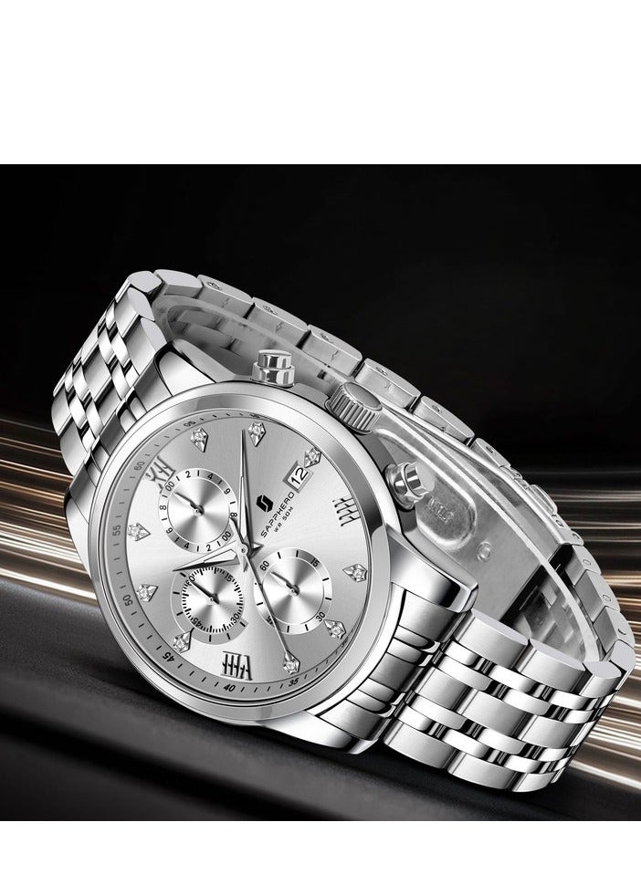 Sapphero ساعة سابفيرو دائرية من الستانلس ستيل للرجال، مقاومة للماء  متر، مضيئة، هدية أنيقة للرجال، ساعة يد بعرض التاريخ وتصميم كوارتز تناظري - Image 5