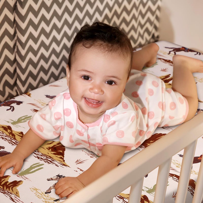 Mindsoft 2 Pcs 24 x 38 in Western Cowboy Infant Crib Sheets Set Mini Portable Crib Sheet Newborn Bedding Nursery Baby Sheets for Girl Boys Baby Gifts Breathable Only for Pack and Play - Image 4