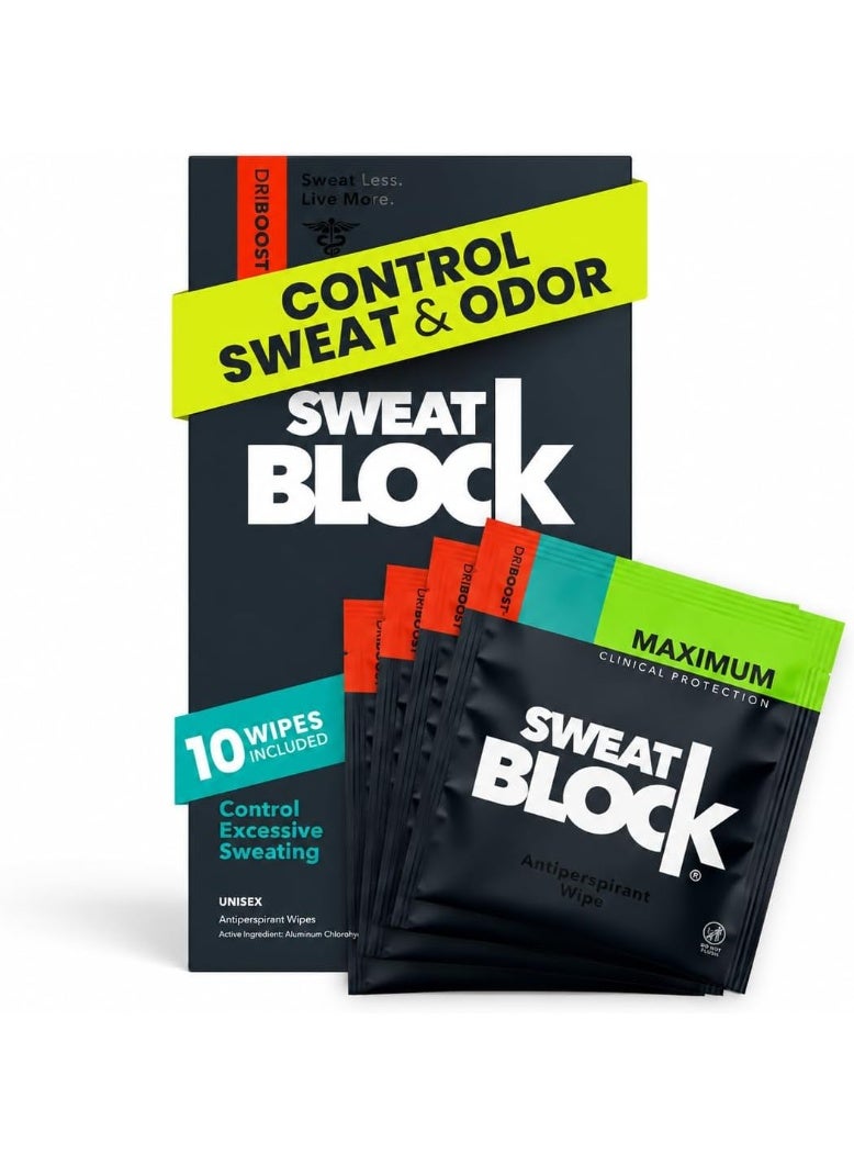 SweatBlock Clinical Strength DRIBOOST Antiperspirant Wipes - Treat Hyperhidrosis & Excessive Sweating for Men, Women, and Teens - 7 Days of Protection Per Wipe - Dermatologist Tested, Unscented,10 ct.