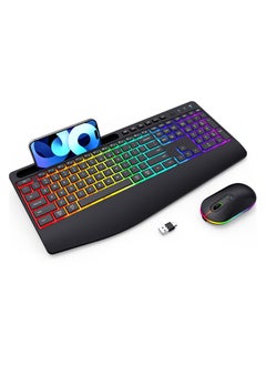 Aookay Wireless Keyboard and Mouse RGB Backlit- 2.4G Rechargeable Keyboard Full-Size with Phone/Tablet Holder, Silent Ergonomic Wireless Keyboard Mouse Combo for Computer, PC, Laptop  - Image 1