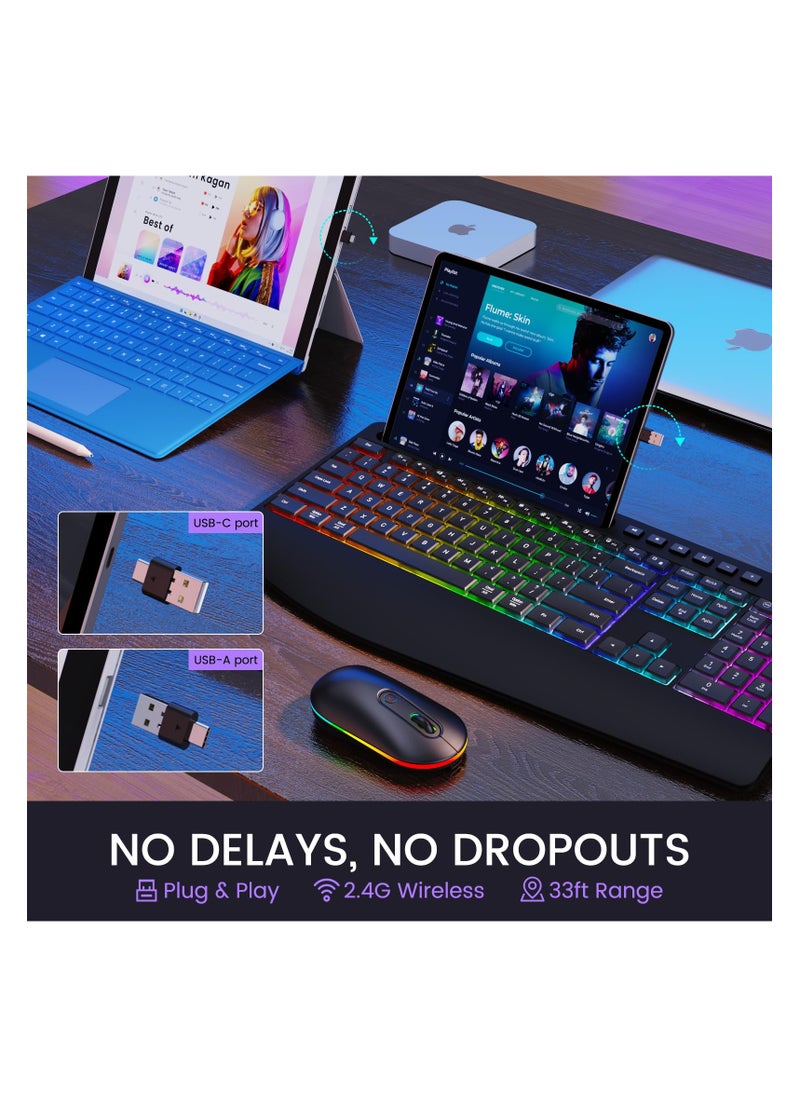 Aookay - Wireless Keyboard and Mouse RGB Backlit- 2.4G Rechargeable Keyboard Full-Size with Phone/Tablet Holder, Silent Ergonomic Wireless Keyboard Mouse Combo for Computer, PC, Laptop - Image 1