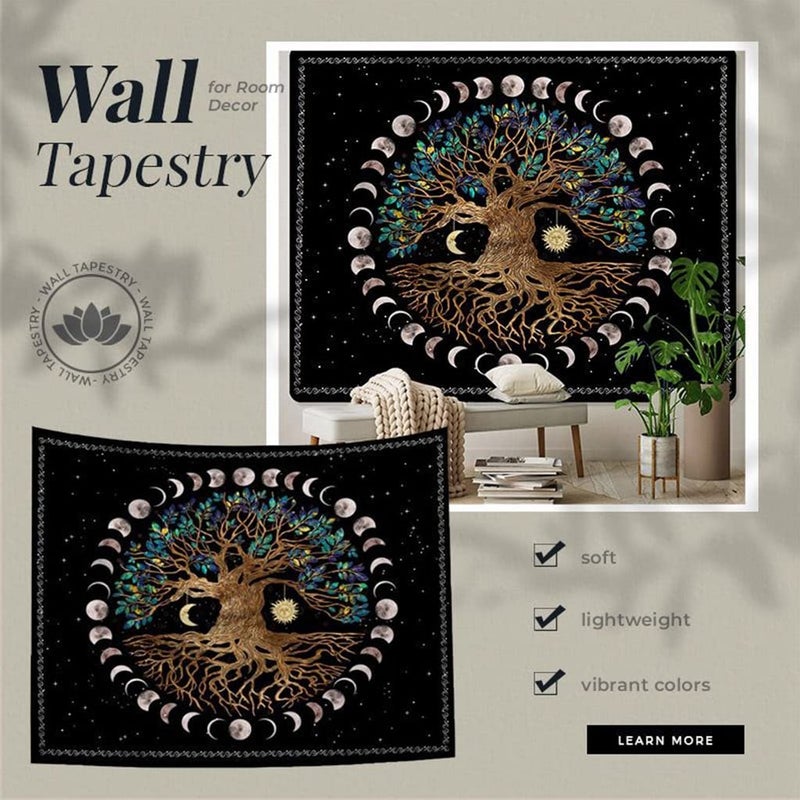 HASTHIP ® Tree of Life Tapestry Wall Hanging Psychedelic Mystic Wishing Tree Artwork with Moon Phases, Washable Polyester Fabric, Vibrant Decorative Wall Carpet for Bedroom (51x59 Inches) - Image 4